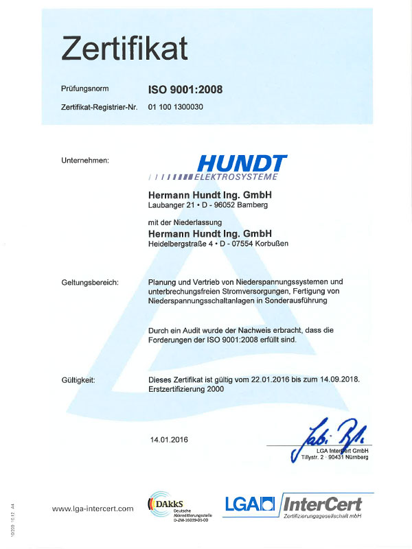 DIN EN ISO 9001:2008 – HUNDT Elektrosysteme